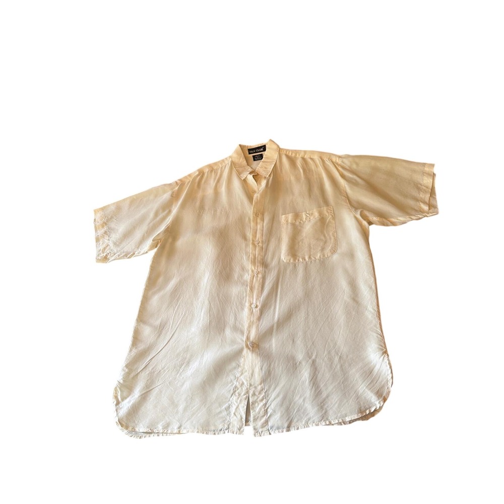 Silk Club Shirt Ivory 100% Silk Short Sleeve Button Down Collared Pocket Medium
